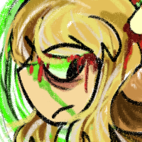 c dream a drawing of dream SMP dream from the chest up, facing away from the viewer with his head slightly turned towards the camera. he has long blond hair with some grey streaks, sawed off antlers, and deer ears. he is wearing a dark green cloak. there is blood dripping from his antlers and face. he has a green X-shaped scar on his face and a green halo around his head.
there are two drawings of deer around him, done completely in green shades with red full sets of antlers.